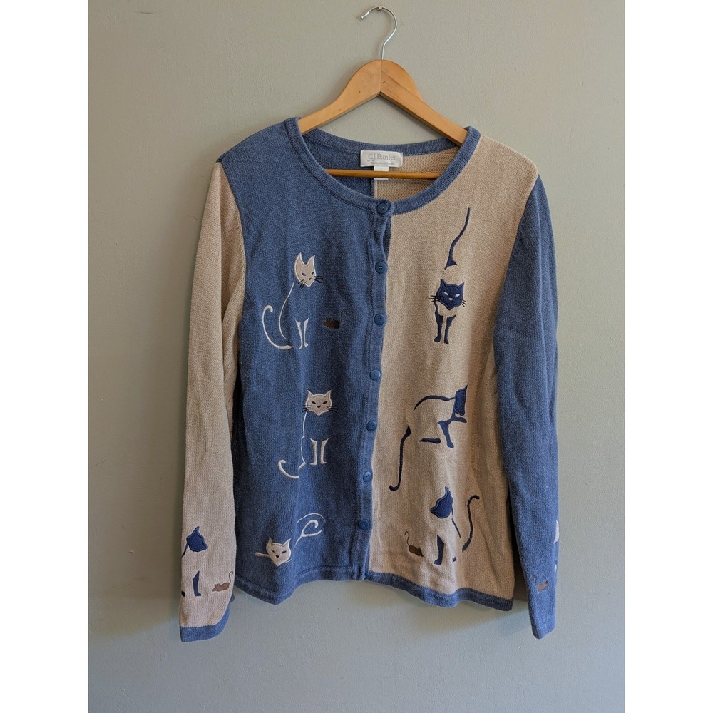 Vtg CJ Banks Embroidered Cat Cardigan Sweater Blue Tan Colorblock Grandma Sz X